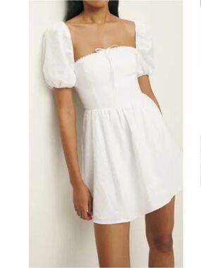 Reformation Malvina Linen Puff-Sleeve Mini Dress Anthropologie White NEW 10